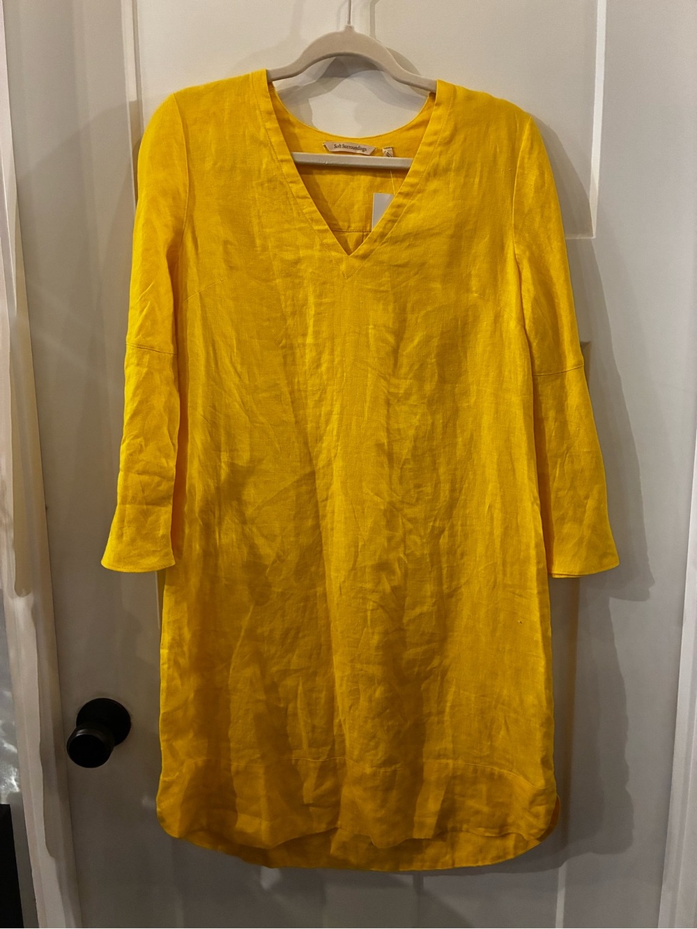 Soft Surroundings Sunflower Yellow V-Neck Long Sleeve Linen Dress